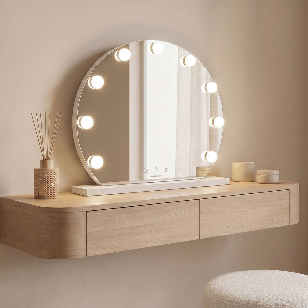 Miroir Hollywood rond Gloette à 9 ampoules LED allumées
